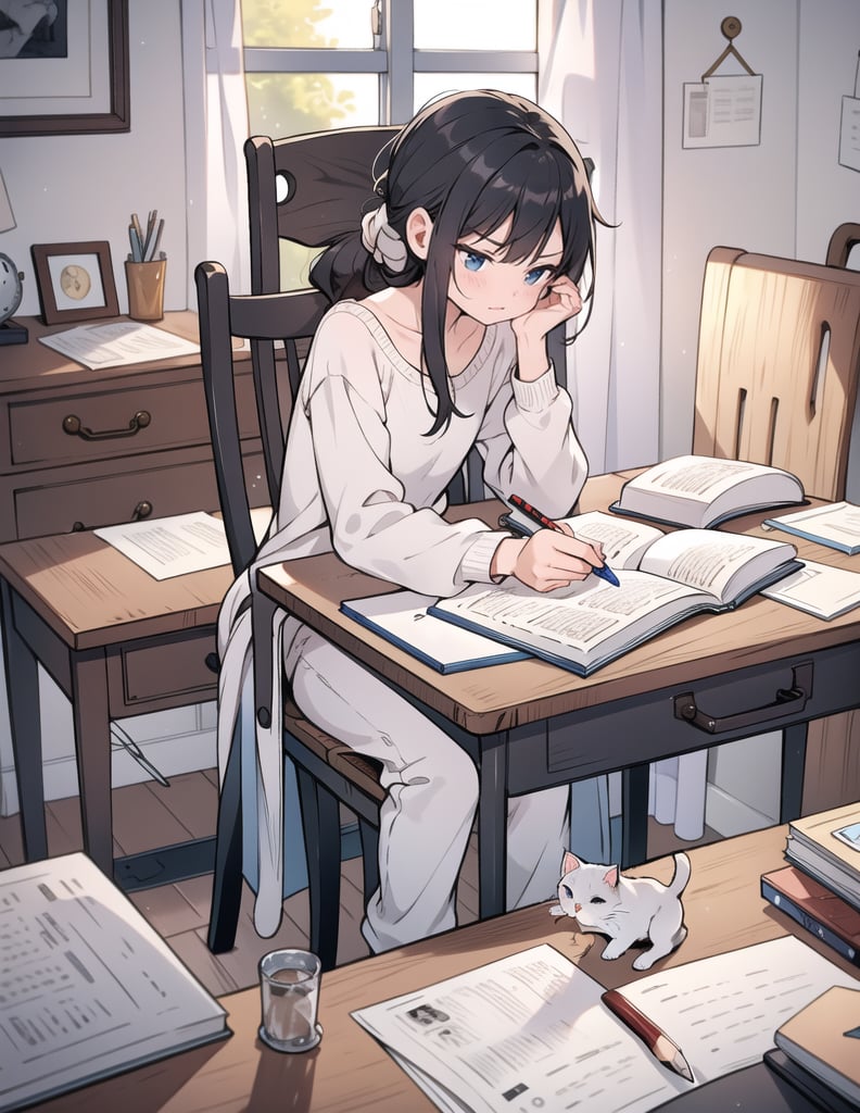 Masterpiece, Top Quality, High Definition, Artistic Composition,1 girl, sitting in chair studying, study desk, notebook, holding pencil, distressed, frowning, hair tied back, on top, plain colored loungewear, messy room, small room, (cat sleeping on desk), dark room, bold composition, looking away to do.