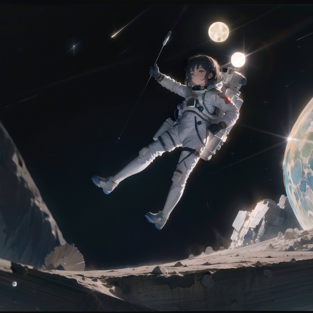 Masterpiece, top quality, high definition, artistic composition,1 girl, space suit, jumping on the moon, blue earth in the background, photo, impressive light, artistic composition, dark space, crater, realistic