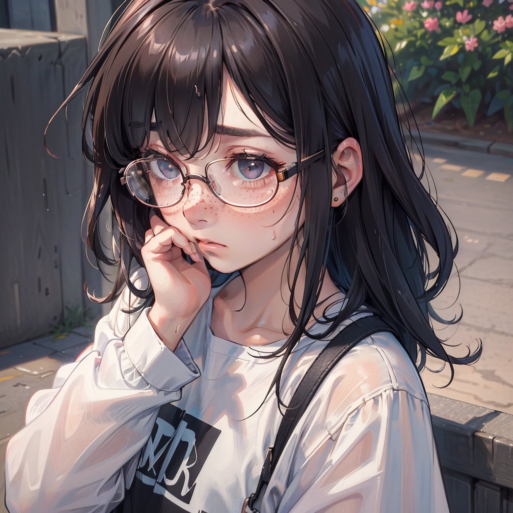 (masterpiece, top quality), high definition, artistic composition, 1 girl, nose blush, from above, POW, panicked, embarrassed, glasses, freckles, dark hair, long bob, messy hair, sweat, (hand covering face), somber casual fashion, park, dramatic, Dutch angle