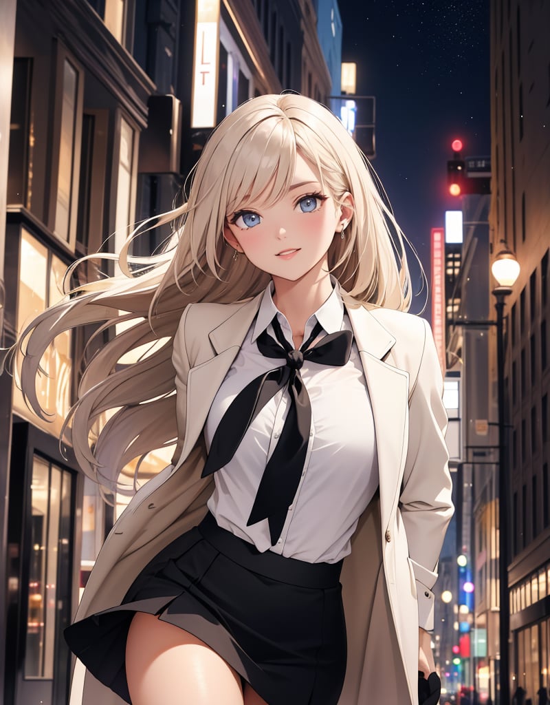 (Masterpiece, Top Quality), High Definition, Artistic Composition, 1 Woman, squinting, smiling, frolicking, feminine action pose, black business suit, tight skirt, white shirt, black tie, wearing hair, looking away, night town, downtown, striking light, dramatic, night Date, Beige coat, Stylish, Wide shot, Lover