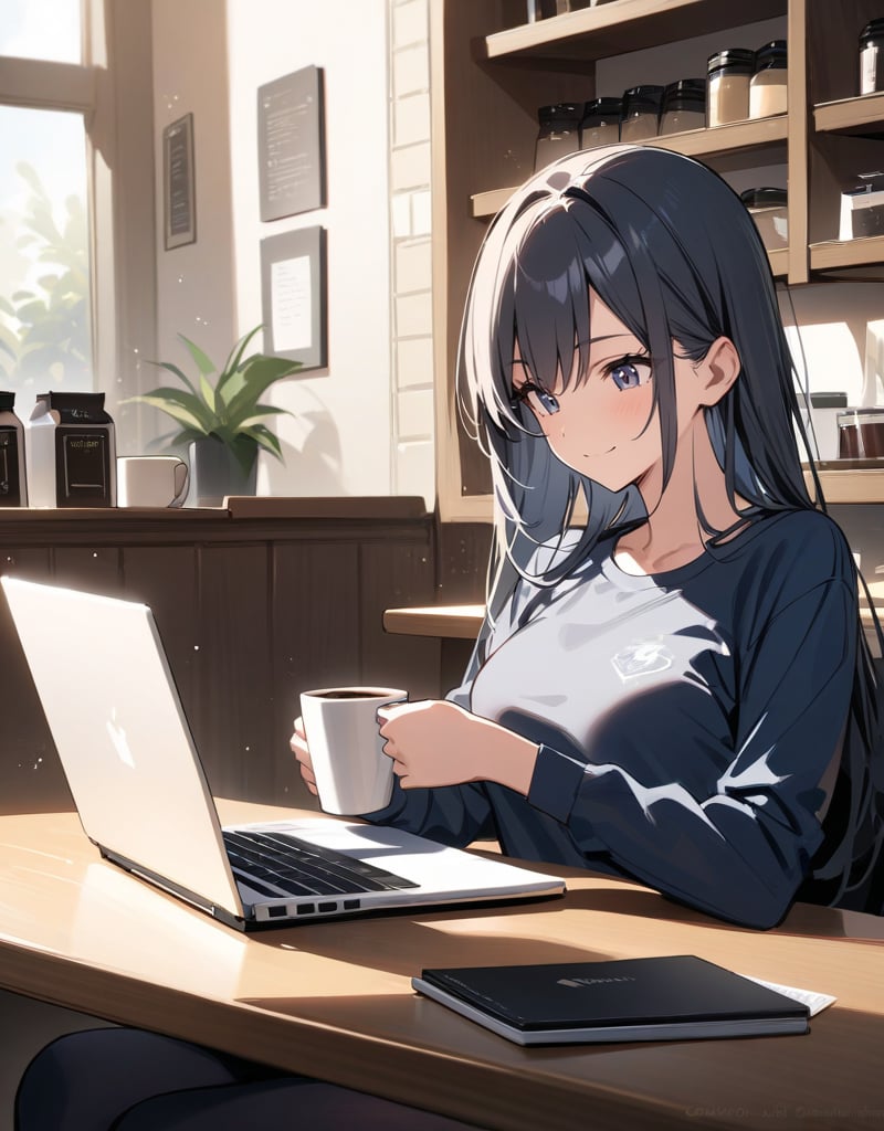 (masterpiece, top quality), high definition, artistic composition, one girl, coffee shop, drinking coffee in a cup at a table, smiling, operating a laptop, at work, concentrating, cutter shirt,