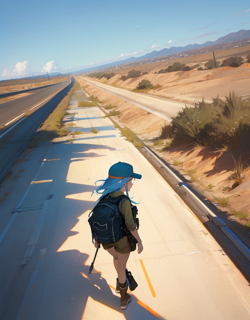 (masterpiece, top quality), high definition, artistic composition, 1 woman, Florida, straight freeway, walking, shimmer, hot, blue sky, perspective, backpacker, khaki cap, wasteland