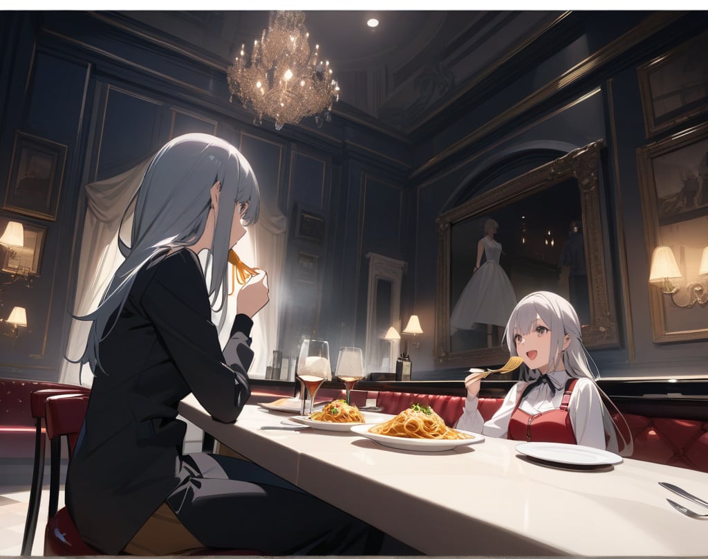 Masterpiece, Top quality, High definition, Artistic composition, 2 girls, Italian restaurant, from below, eating pasta, talking while eating, angry, laughing, friends, Italian fashion, wide shot, dark interior, striking light, dramatic