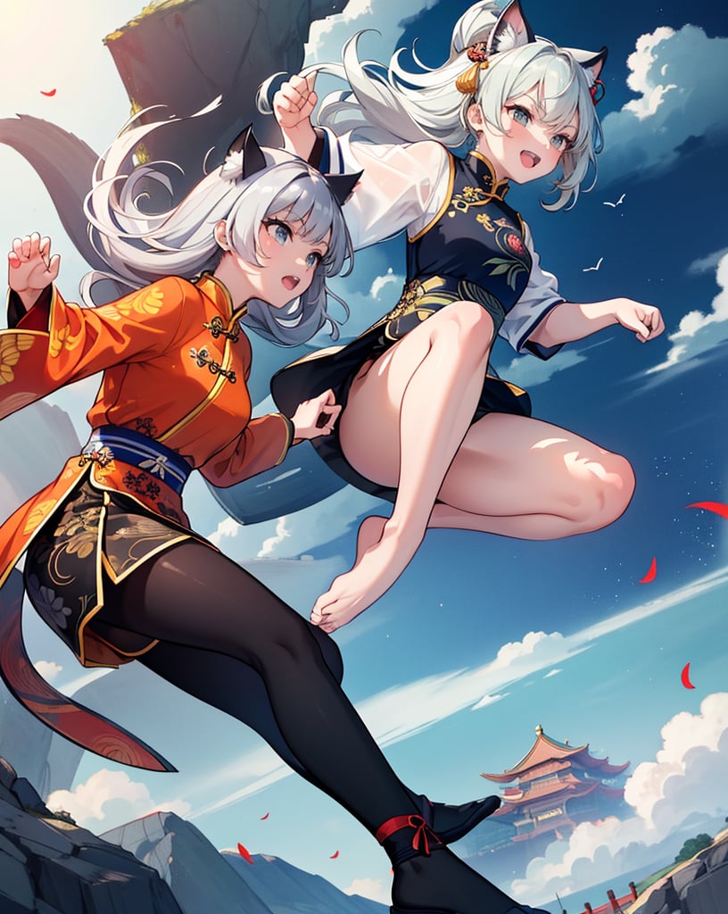 (masterpiece, top quality), high definition, artistic composition, 1 girl, Chinese dress with tortoiseshell cat pattern, mini skirt, Chinese martial arts, action pose, paw pose, cute, open mouth smile, greenish silver hair, blue eye shadow, image of giant angry cat in background, anime style, lively, from the side, looking away,