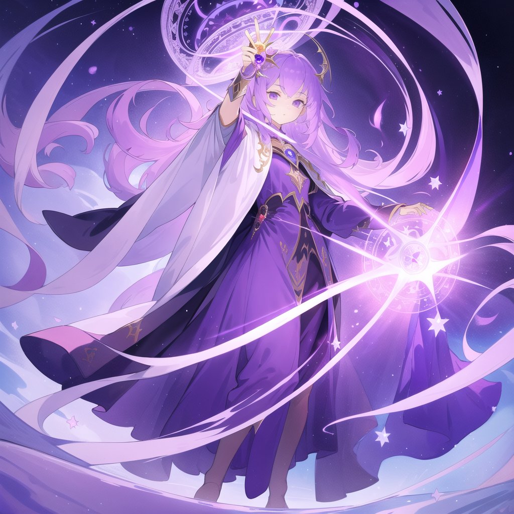 Masterpiece, Top Quality, High Definition, Artistic Composition,1 girl, wizard, purple robe, holding up magic wand, floating in air, many monsters dancing behind, serious face, simple background, fantasy, from front, wide shot, magic circle at feet