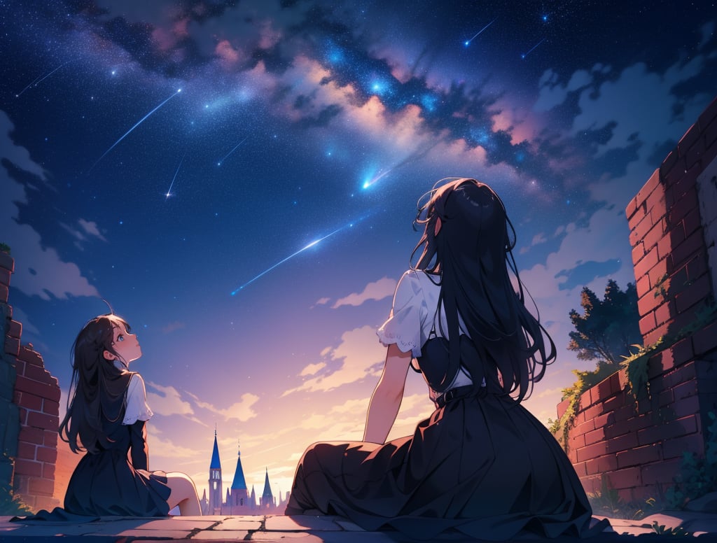 (masterpiece, top quality), high definition, artistic composition, two girls, fantasy, brick structure, two girls sitting, from behind, from below, night, starry sky, wide night sky, shooting star, looking up to the sky, pointing to the sky, fun, bold composition, dramatic, wide shot