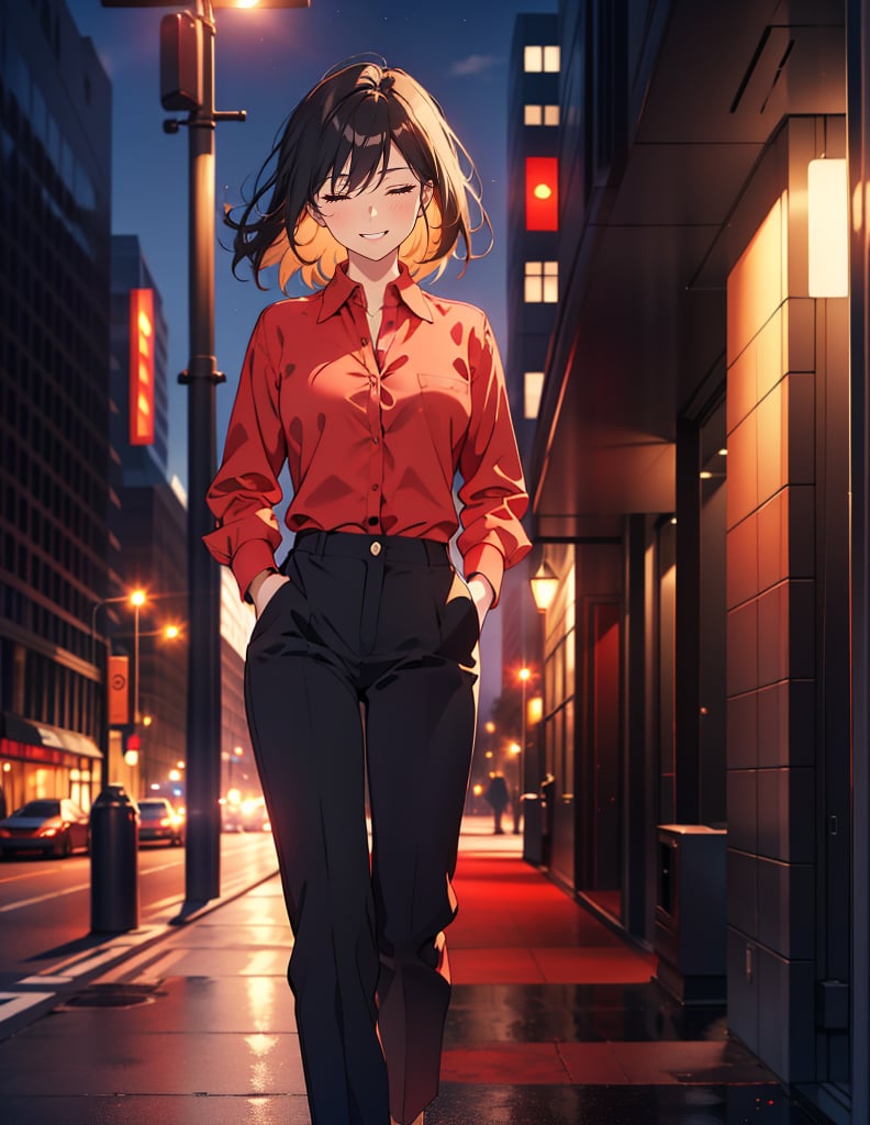 (masterpiece, top quality), high definition, artistic composition, 1 woman, hands in pockets, eyes closed, smiling, shrugging, looking away, downtown at night, blurred background, red collared shirt, black easy pants, walking, lively, talking, striking light, dramatic, diagonal composition, one curl, stylish