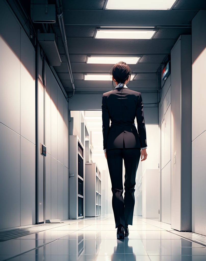 (masterpiece, top quality), high definition, artistic composition, 1 woman, business suit, back view, walking, clean Japanese underground walkway, white tile, perspective, silence, guide light, information board, advertising sign, bright, flat wall