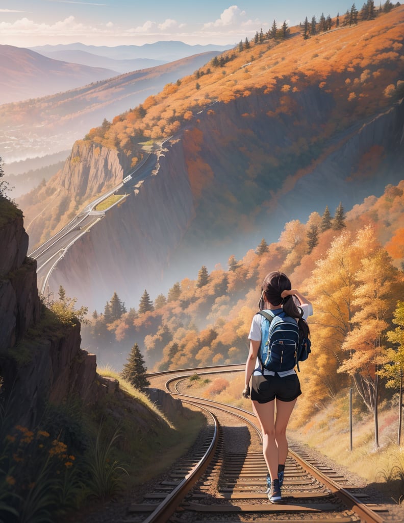 (masterpiece, top quality), high definition, artistic composition, one girl, jersey, shorts, trekking shoes, backpack on her back, walking on railroad tracks, slope, uphill, from front, long stretch of railroad track, beautiful nature, cityscape in distance, fall, bold composition, looking away, from above