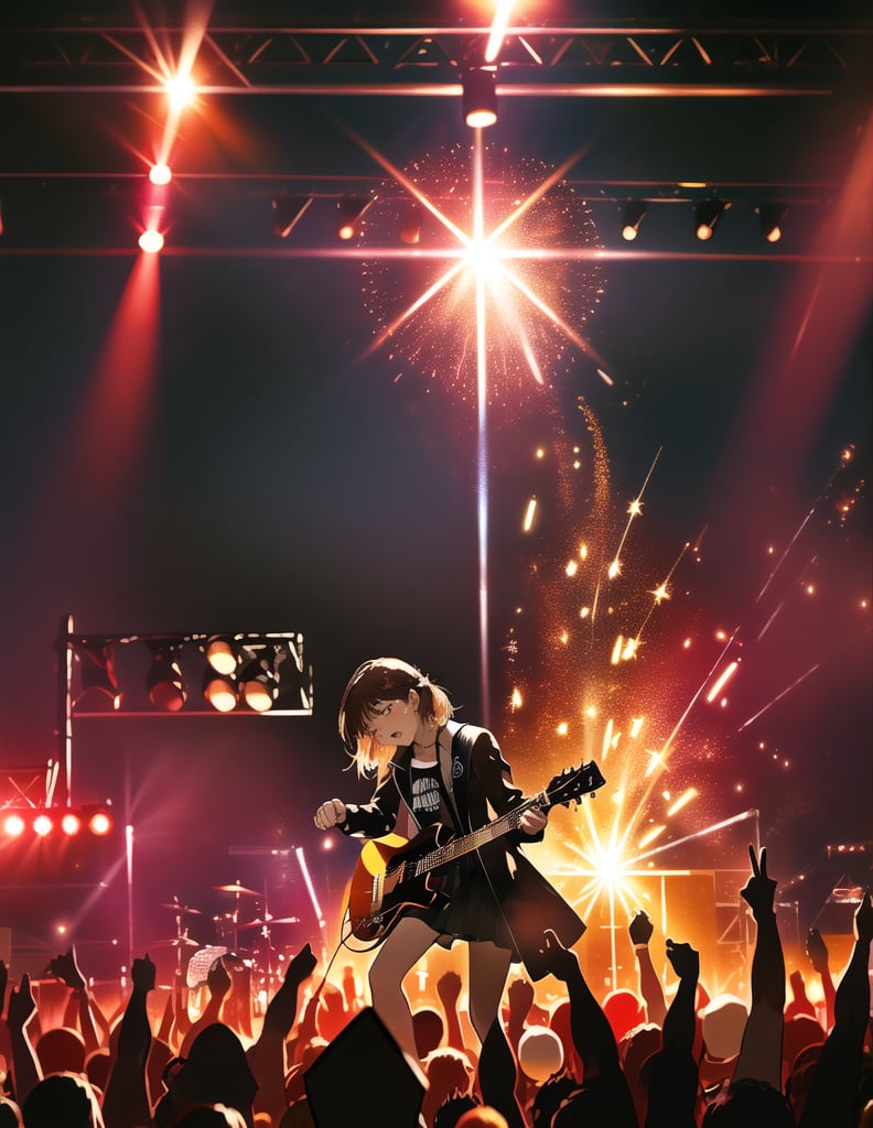 Masterpiece, Top Quality, High Definition, Artistic Composition,1 girl, playing guitar, rock band, concert, smiling, sweat, urban casual, right hand raised, from below, lighting, lively, screaming, bold composition, striking light