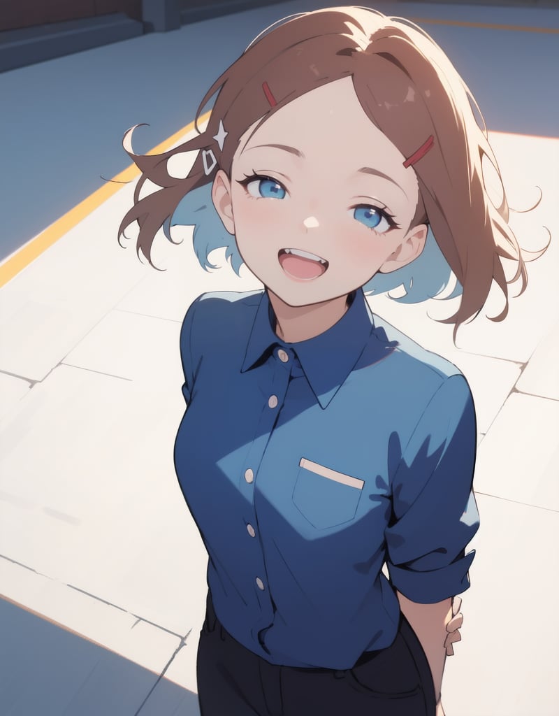 (Masterpiece, Top Quality), High Definition, Artistic Composition, 1 girl, hands behind back, bending forward, looking up, composition from above, squinting, open mouth smile, twisting body, looking at me, focus on face, blue shirt, big hairpin, little girl, road, portrait, Dutch angle, devilish smile