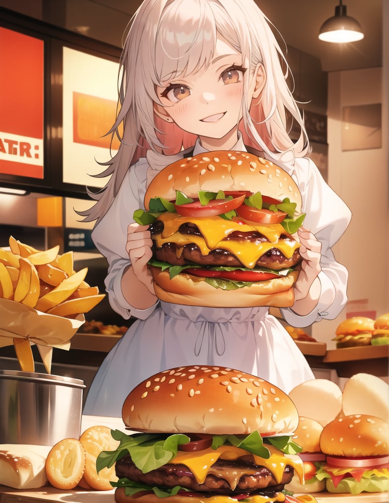 Masterpiece, Top Quality, High Definition, Artistic Composition,1 girl, offering hamburger in hand, smiling, hamburger store, date, POW, portrait