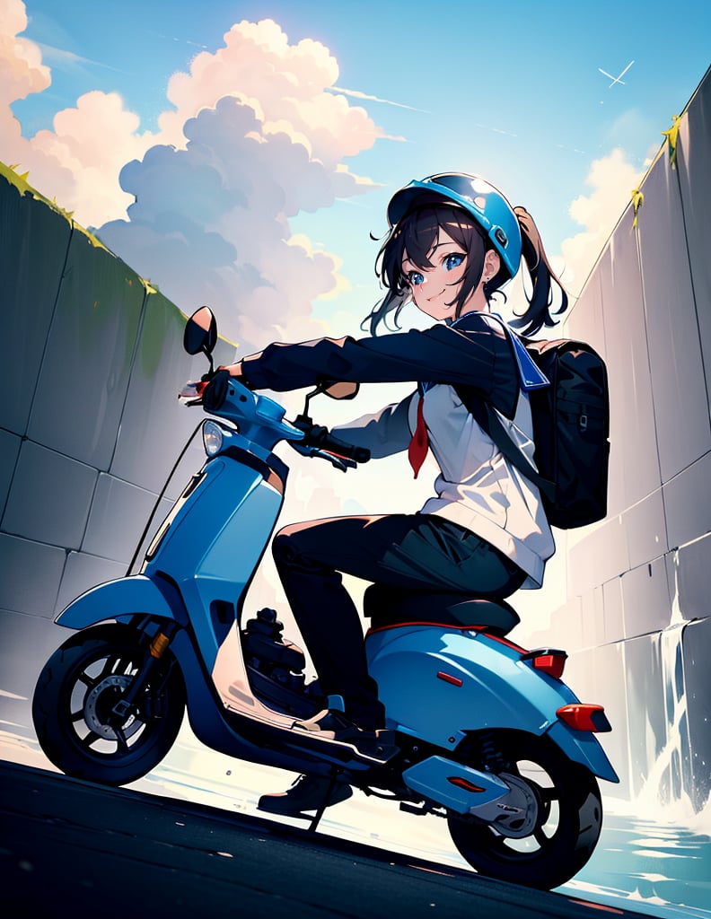 (masterpiece, top quality), high definition, artistic composition, 1 girl, riding scooter, sports helmet, irrigation channel, sailor suit, backpack, smirking, bold composition, dramatic, striking light, leaning forward, disaster