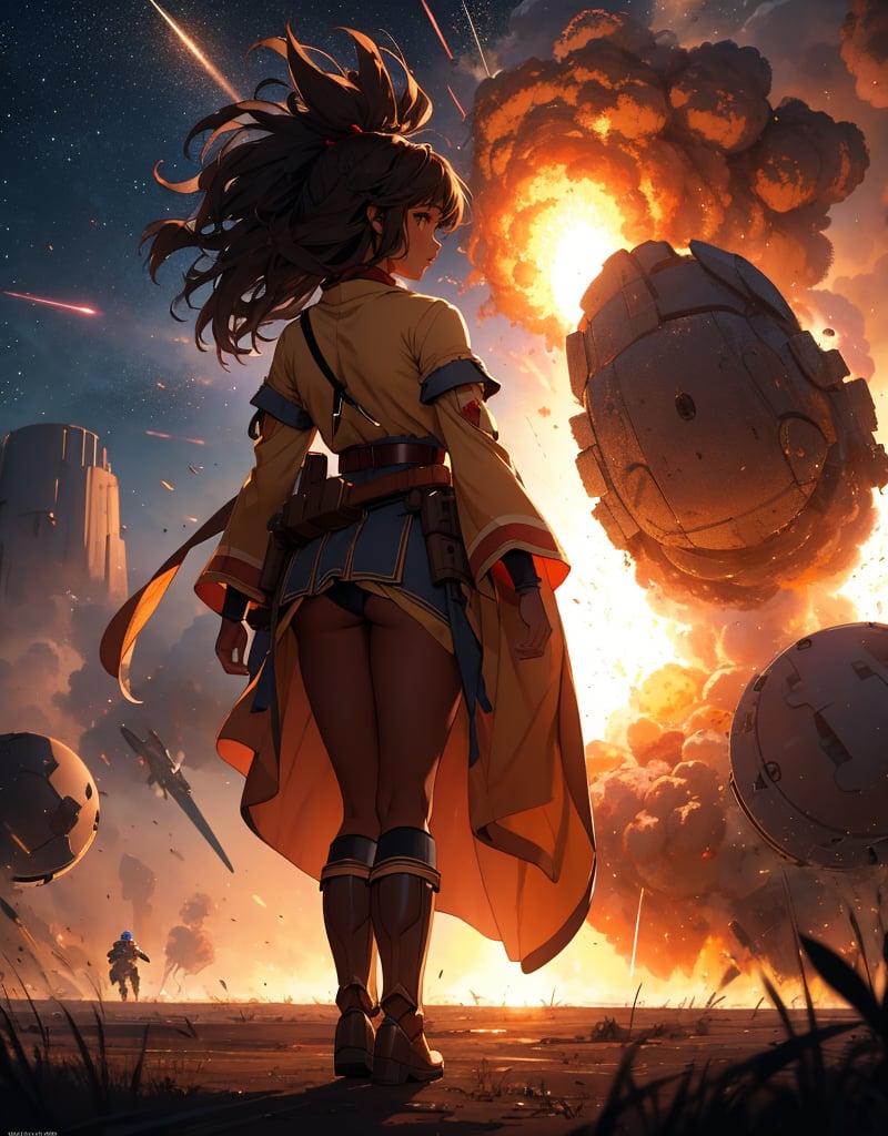 (masterpiece, top quality), high definition, artistic composition, 1 girl, brown skinned girl, dusky colored folk costume, looking away, battlefield, explosion behind, huge brown super robot fighting, bold composition,girl