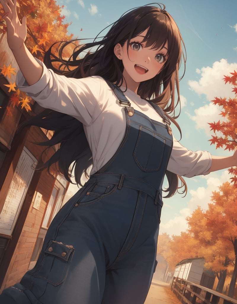 (masterpiece, top quality), high definition, artistic composition, 1 woman, long hair, hands outstretched, white shirt, khaki overalls, frolicking, open mouth smile, spinning, from below, cowboy shot, Dutch angle, autumn sky, country fashion, vibrant, bold composition