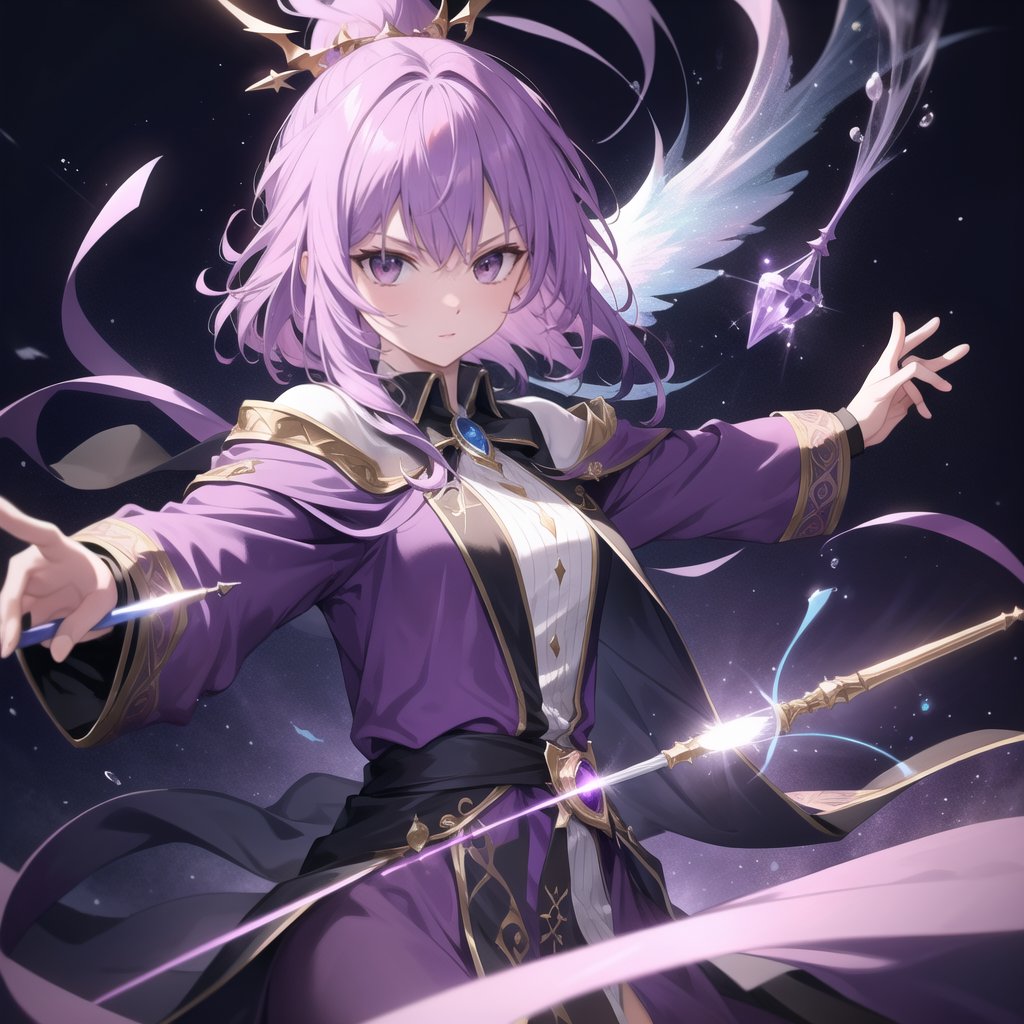 Masterpiece, Top quality, High definition, Artistic composition,1 girl, wizard, purple robe, holding up magic wand, floating in air, many monsters dancing in background, serious face, simple background, fantasy