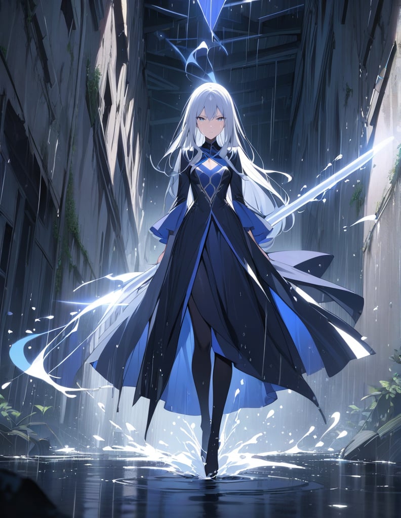 (masterpiece, top quality), high definition, artistic composition, 1 woman, blue wizard, slender costume, cool magic wand, glowing, serious face, standing with feet together, on tiptoe, abandoned building street, water spurting from feet, water drops and dancing light, splashing, in battle, heavy rain, water smoke