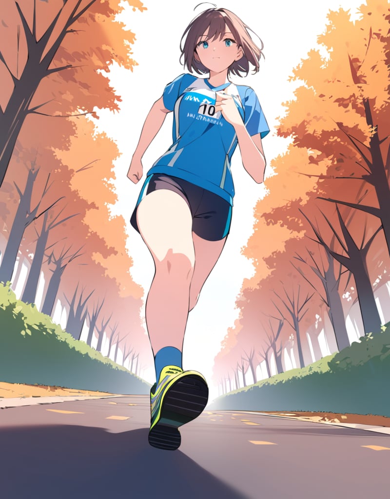 (masterpiece, top quality), high definition, artistic composition, 1 woman, marathon uniform, running shoes, running marathon, running, short hair, looking away, tree-lined street, fall, from below, emphasis on feet, bold composition, sense of speed, Dutch angle, motion blur, lively, perspective