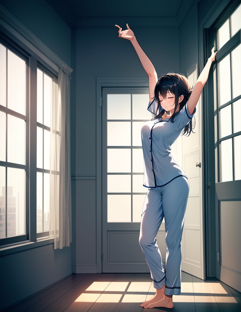 (masterpiece, top quality), high definition, artistic composition, one girl, standing tall, arched back, arms up, pajamas, eyes closed, pleasant, large window, facing window, morning, light shining, striking light, portrait, beautiful