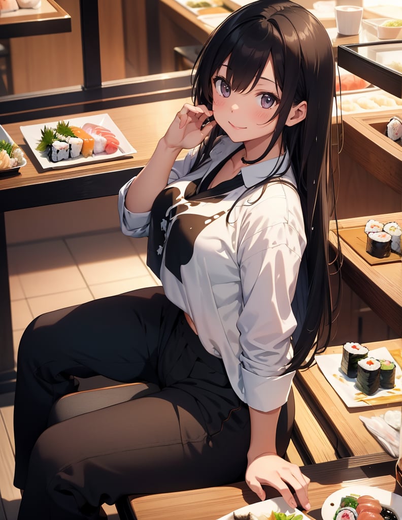 Masterpiece, Top quality, High definition, Artistic composition, One girl, eating sushi, smiling, blushing cheeks, girlish gesture, monotone printed shirt, black pants, sitting, French sushi restaurant, casual
