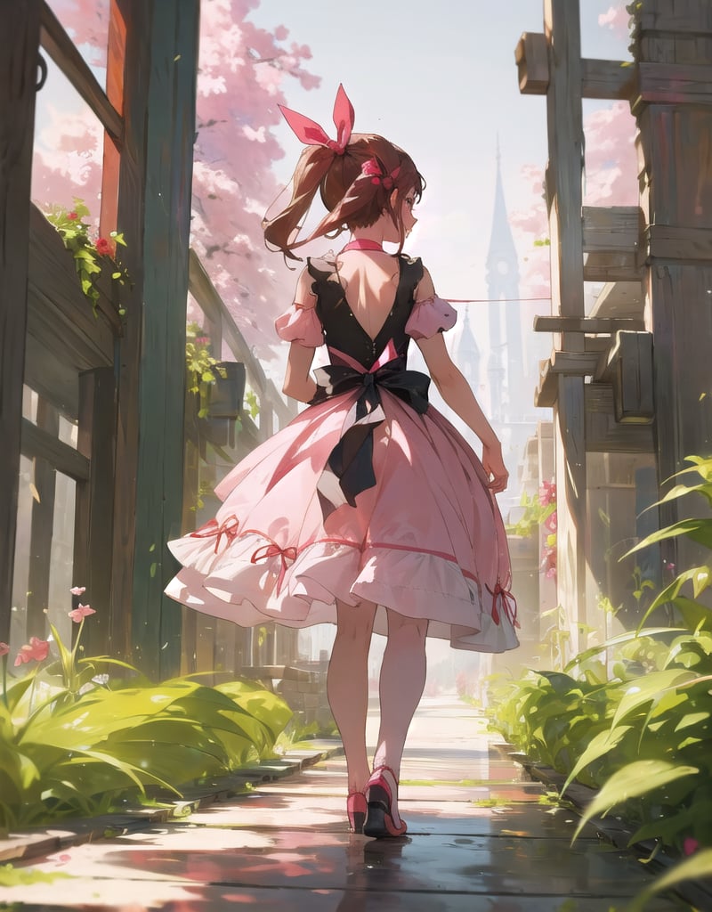 (Masterpiece, Top Quality), High Definition, Artistic Composition, 1 girl, 15 years old, pink dress, back showing, smiling, from behind, hands behind back, walking tall, garden, young lady, red ribbon, turning around