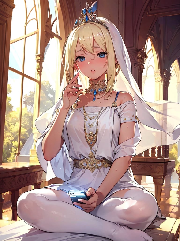 Masterpiece, Top Quality, 1Girl, (operating smartphone:1.3), staring at smartphone, blonde hair, sweaty, indian style, sitting, clenching teeth, gorgeous white dress, tiara, in palace, beautiful light blooming, fantasy, high definition, artistic composition, hidden 