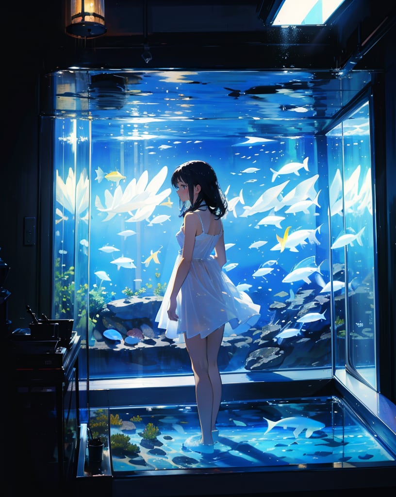 (masterpiece, top quality), high definition, artistic composition, 1 girl, looking away, white dress, black hair, dark indoor, aquarium, fantastic, dramatic, ennui