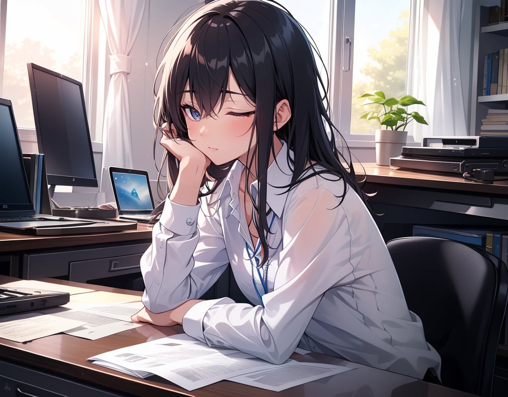 (masterpiece, top quality), high definition, artistic composition, 1 woman, collared cutter shirt, stylish office, looking at computer on desk, sleepy, messy hair, morning, white light shining through, window seat, all night, expressionless, striking light, dramatic