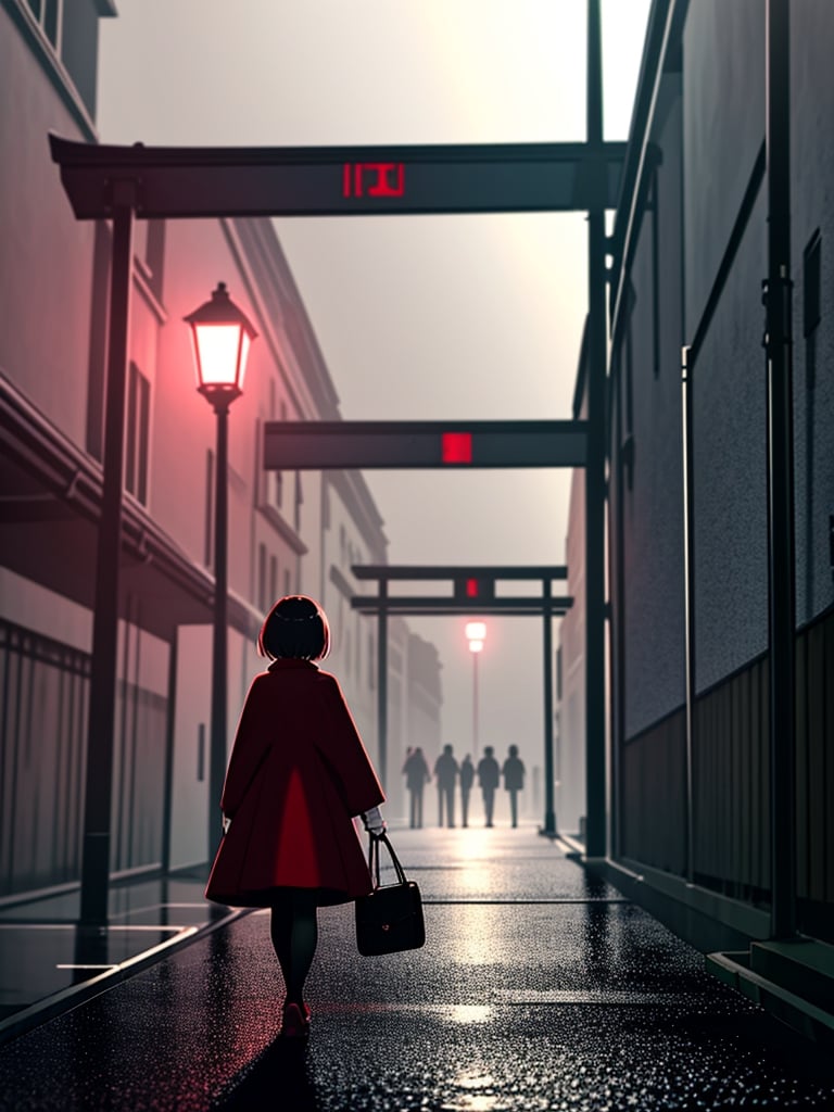 Masterpiece, Top Quality, 1 girl, short hair, red coat, red cape, black shirt, white skirt, beige bag, black stockings, black shoes, blue eyes, walking, Japanese back alley, dark, street light, wet ground, scary atmosphere, high definition, artistic composition, foggy, backlight, torii gate,<lora:659111690174031528:1.0>