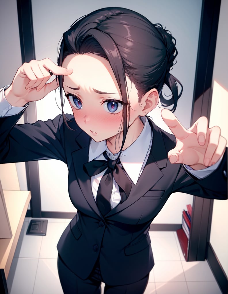 (masterpiece, top quality), high definition, artistic composition, one female, pointing, embarrassed, troubled, collared shirt, business suit, from above, nose blush, broad forehead, hair pulled back, fingers up, office, cute, comedy, animation, reaching, looking away