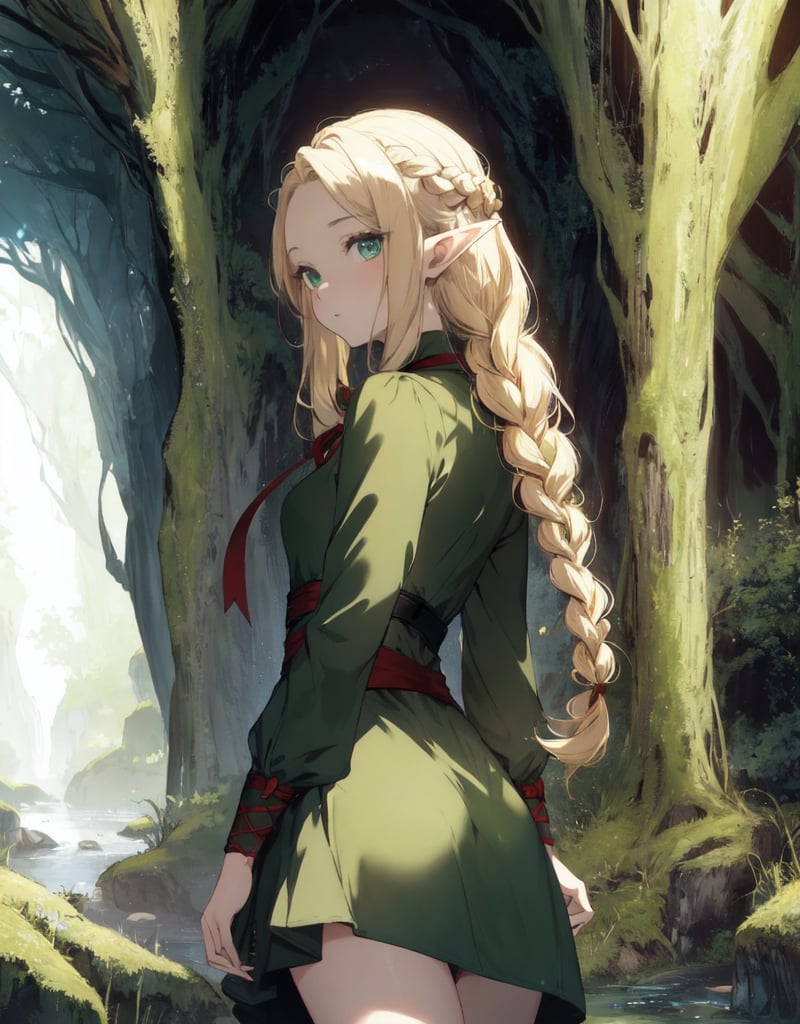 (masterpiece, top quality), high definition, artistic composition, 1 female, elf, blonde hair, braids, red ribbon, big eyes, skin tight dark green dress, slender, looking back, mysterious cave glowing pale, fantasy