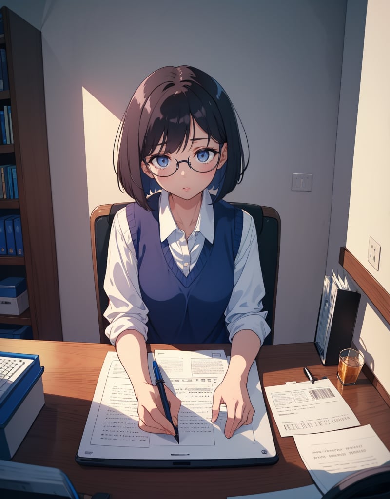 (masterpiece, top quality), high definition, artistic composition, 1 female, childlike, expressionless, large dark rimmed glasses, straight hair, bob cut, operating laptop, looking at me, sitting at desk, office, blue office vest, cutter shirt, somber, desk job, pen and slip on desk at work, 