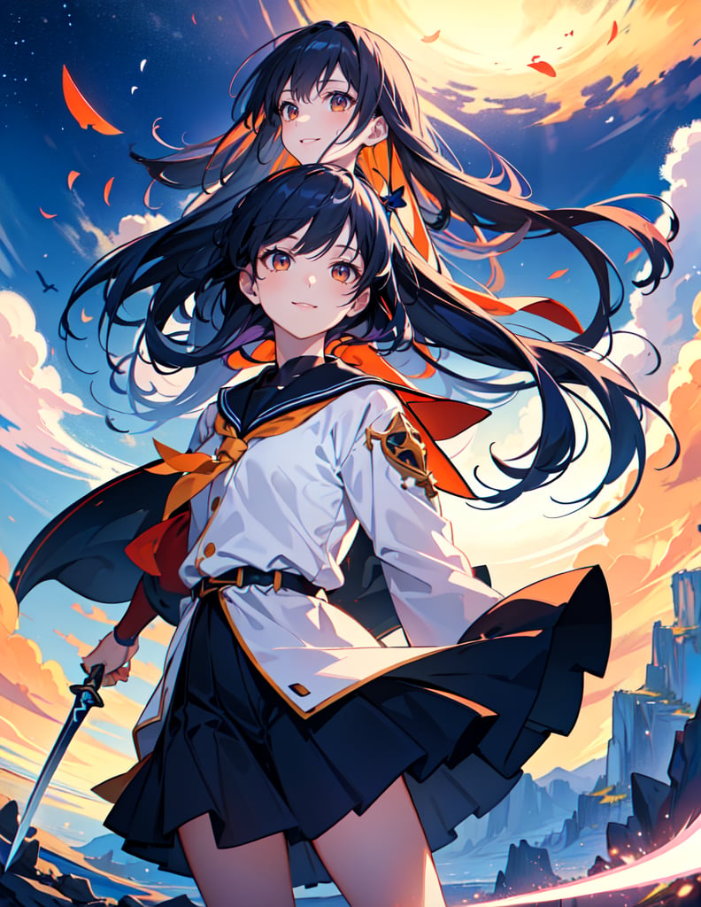 (Masterpiece, Top Quality), High Definition, Artistic Composition, 1 girl, smiling, orange sailor suit, fantasy light armor, cool sword, looking away, composition from below, indigo hair, staring into distance, wind blowing, animation