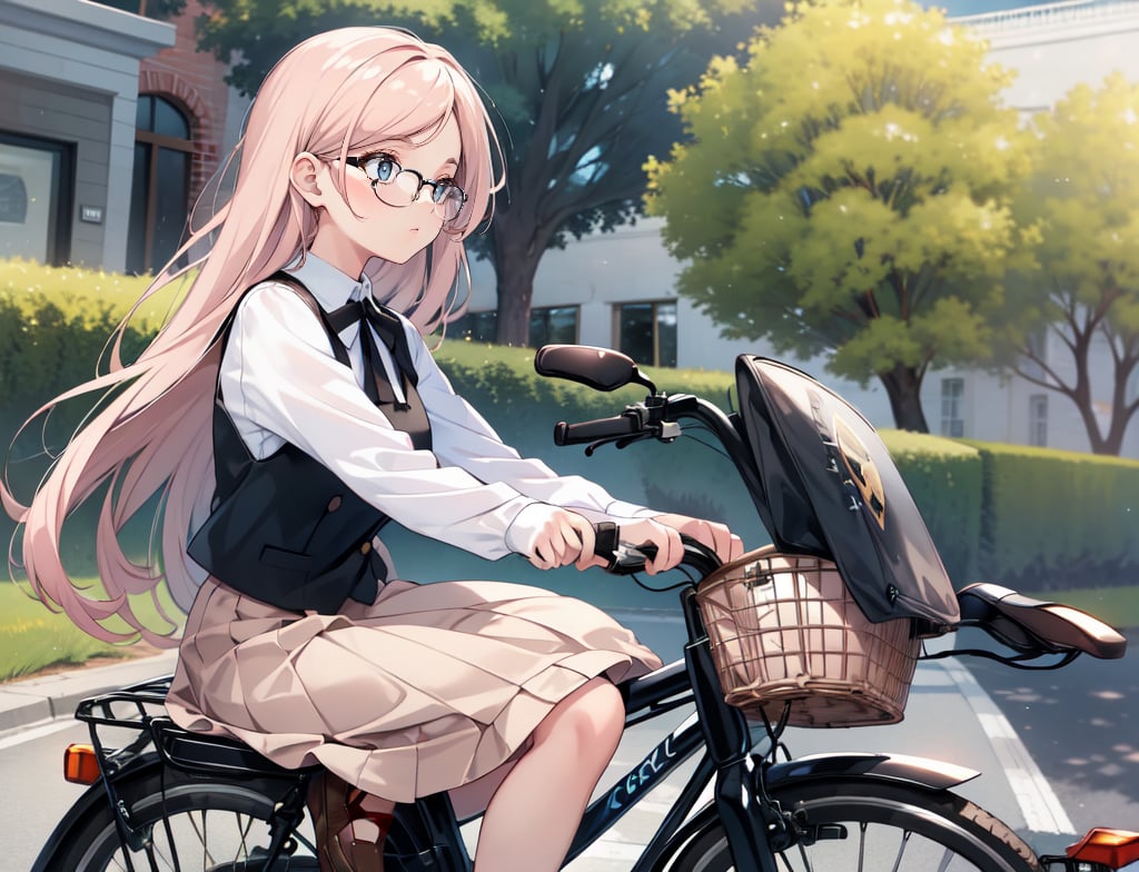 (Masterpiece, Top Quality), High Definition, Artistic Composition, 1 Woman, round black rimmed glasses, neatly coiffed hair, light pink shirt, beige skirt, dark blue shoes, driving bicycle, retro bicycle with front basket, from side, looking away, suburban scene, portrait, lady, calm Atmosphere