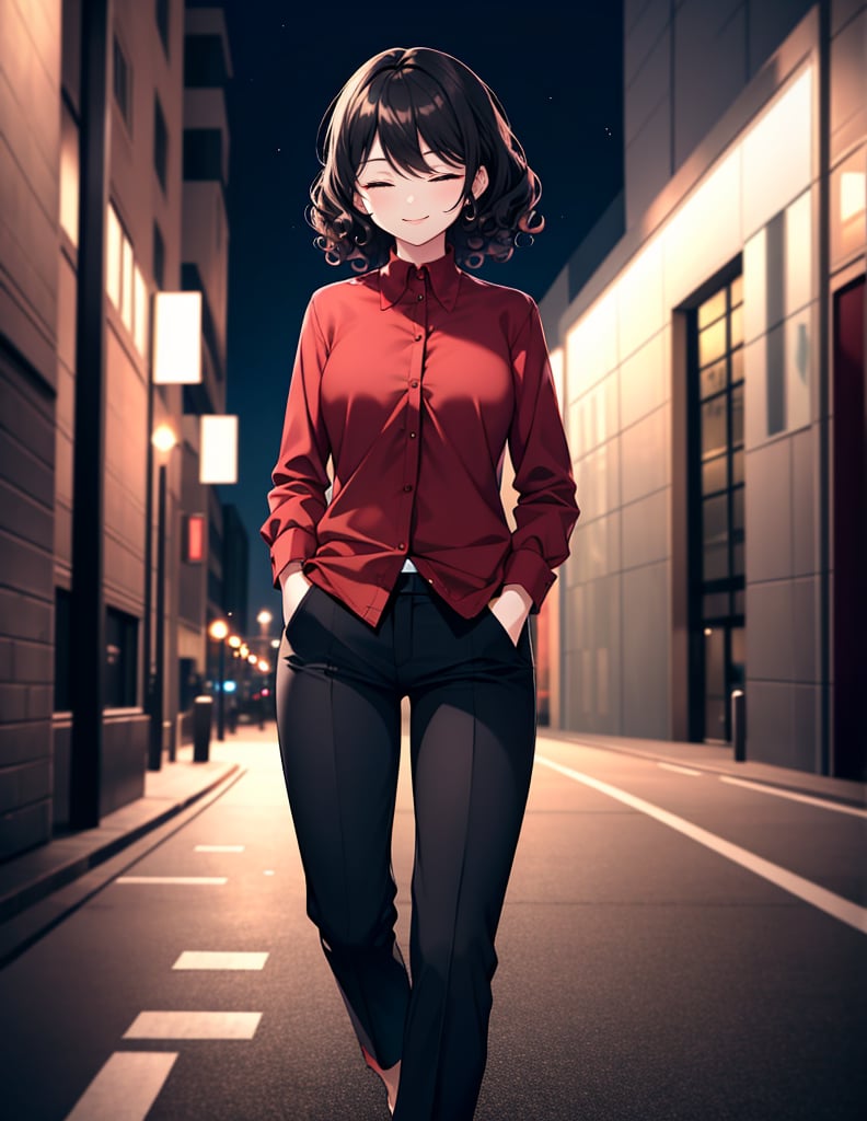 (masterpiece, top quality), high definition, artistic composition, 1 woman, hands in pockets, eyes closed, smiling, looking away, downtown at night, blurred background, red collared shirt, black easy pants, walking, lively, talking, striking light, dramatic, diagonal composition, outside Curly one curl, Stylish