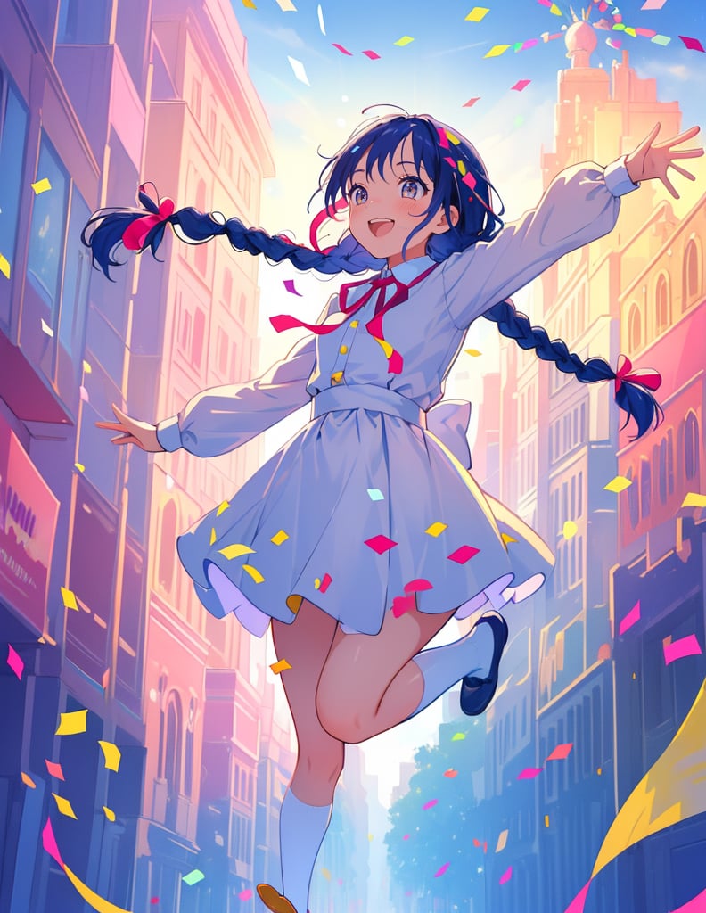 (masterpiece, top quality), high definition, artistic composition, 1 girl, jumping for joy, 5 years old, children's clothing, braids, big ribbon, looking away, looking up to heaven, action pose, ticker tape, brightly colored confetti, theme park, bold composition, parade, lively, dramatic, smile with mouth open