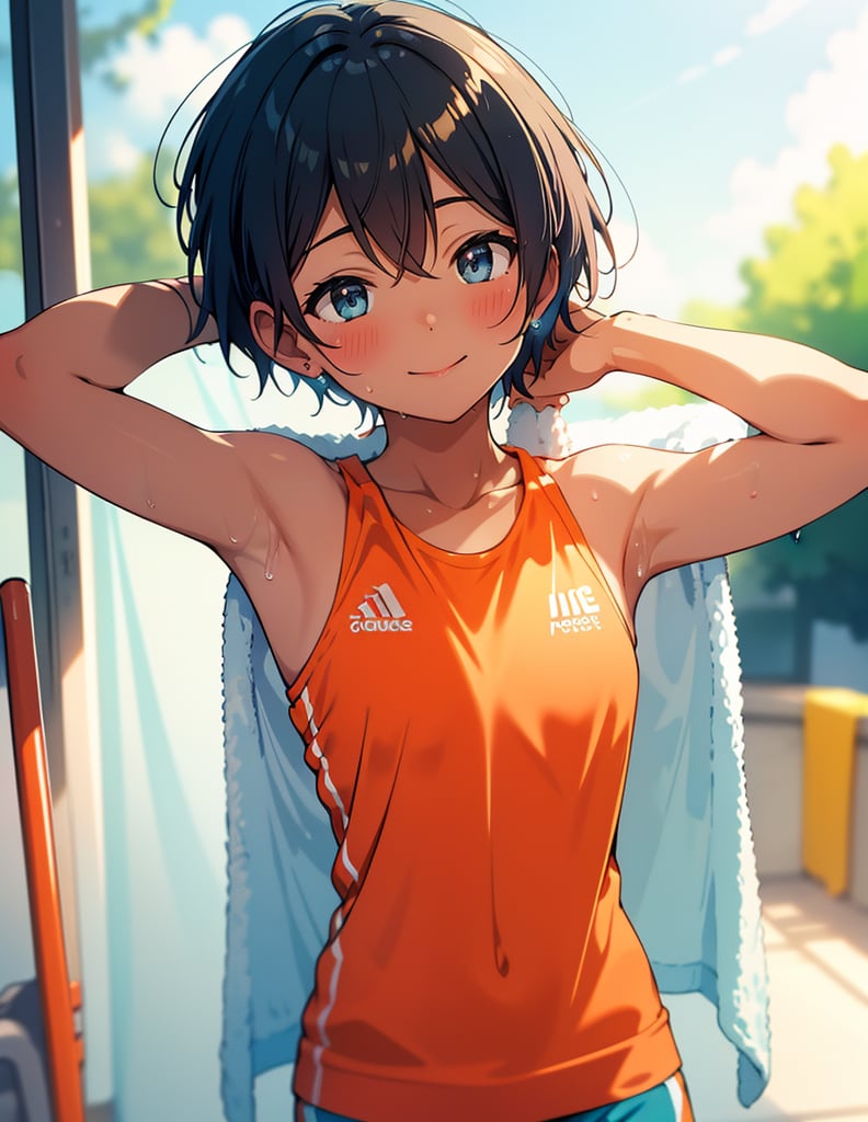 Masterpiece, Top quality, High definition, Artistic composition, One girl, front view, track, cyan and orange sportswear, smiling, sweating, wiping her face with a towel, looking away, short hair, bold composition