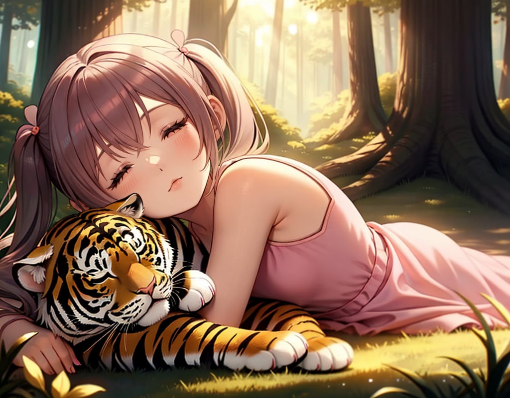 (masterpiece, top quality), high definition, artistic composition, 1 girl, ugly huge tiger cat sleeping, girl sleeping on that cat, little girl, pink dress, twin tails, in the forest, beautiful sunlight, fantasy, animation