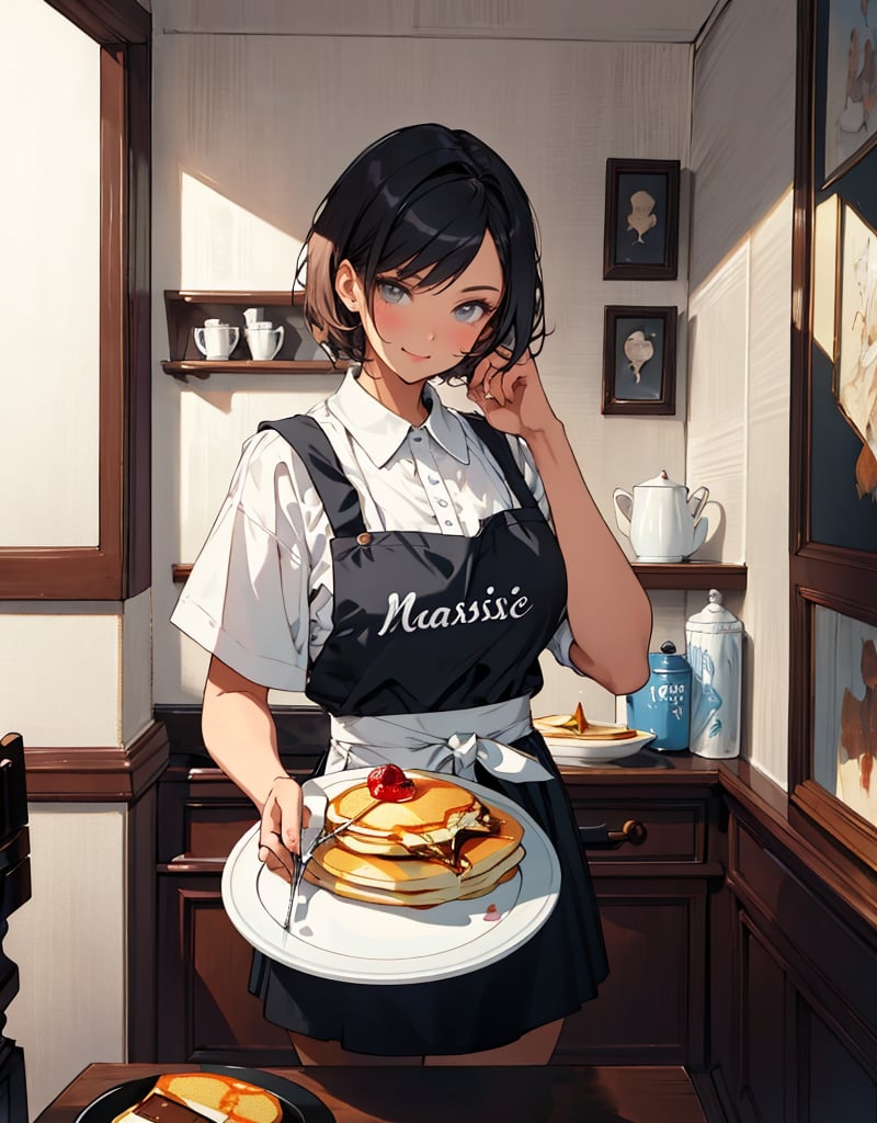 (masterpiece, top quality), high definition, artistic composition, 1 woman, holding out plate with pancakes on it with right hand, close-up of pancakes, smug face, short hair, boyish, tanned skin, dining room, cute apron, t-shirt, portrait, bold composition, from below, homey