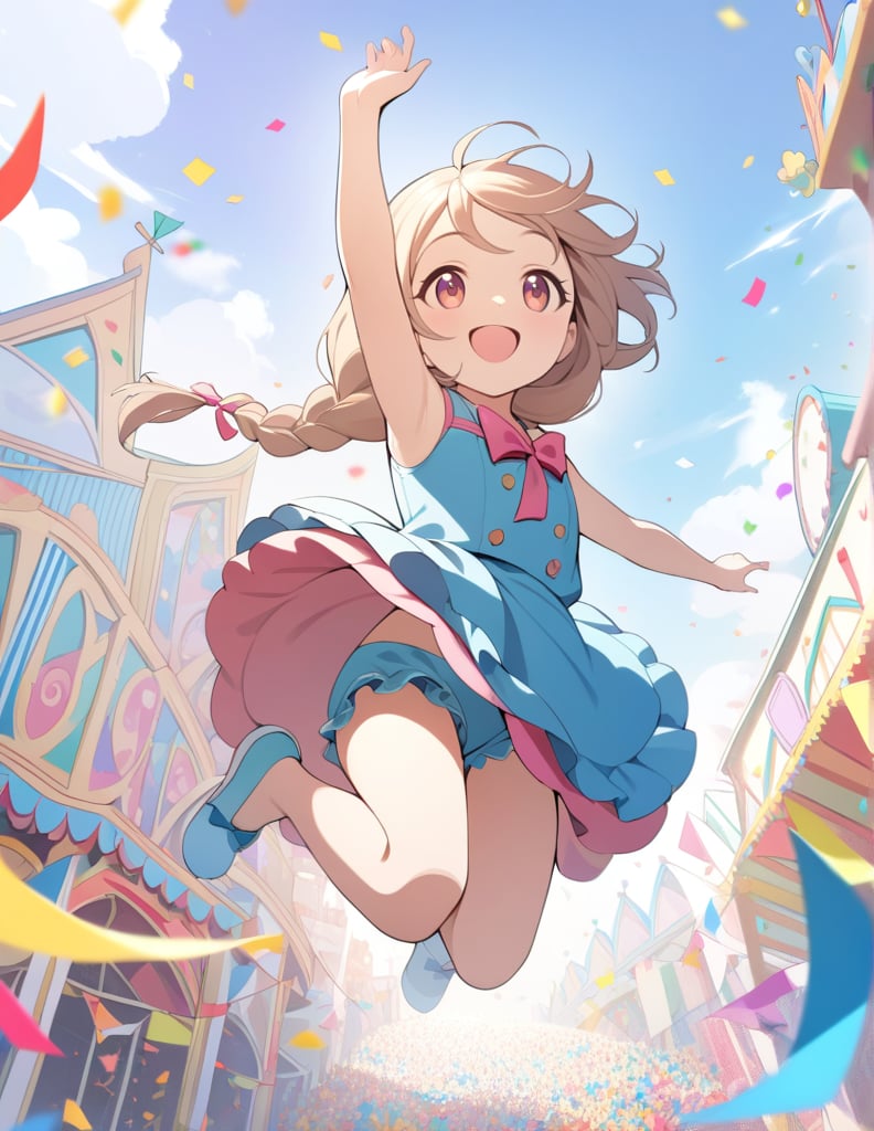 (masterpiece, top quality), high definition, artistic composition, 1 girl, jumping for joy, 5 years old, children's clothing, braids, big ribbon, looking away, looking up to heaven, action pose, ticker tape, brightly colored confetti, theme park, bold composition, parade, lively, dramatic, smile with mouth open