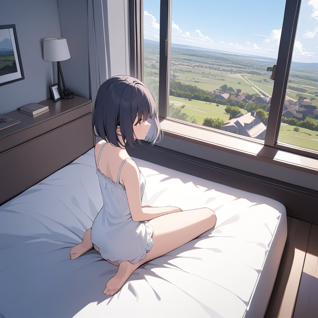 (masterpiece, top quality), high definition, artistic composition, 1 girl, camisole, composition from above, wariza on bed by window, looking away, bob cut, beautiful landscape