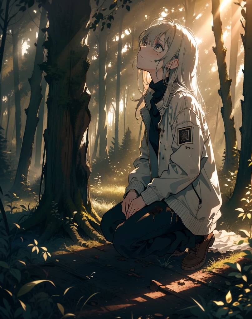 (masterpiece, top quality), high definition, artistic composition, 1 girl, dirty face, sad, tired, looking away, looking up to heaven, hand on shoulder, down on one knee, dirty, shabby clothes, shabby hair, deep in forest, light shining, striking light, spotlight on face, dramatic, high contrast, divine, beautiful nature