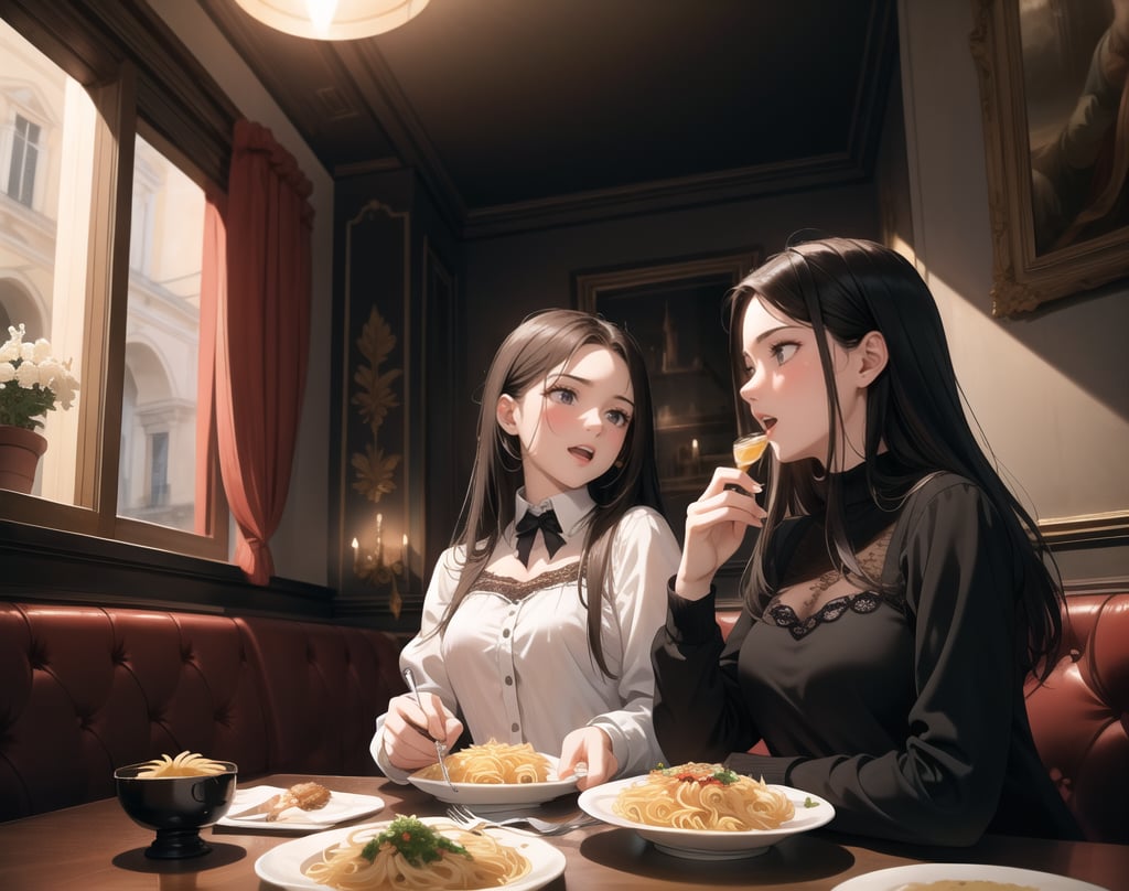 Masterpiece, Top quality, High definition, Artistic composition, 2 girls, Italian restaurant, from below, pasta, fork in hand, talking while eating, angry, laughing, friends, Italian fashion, wide shot, dark interior, striking light, dramatic