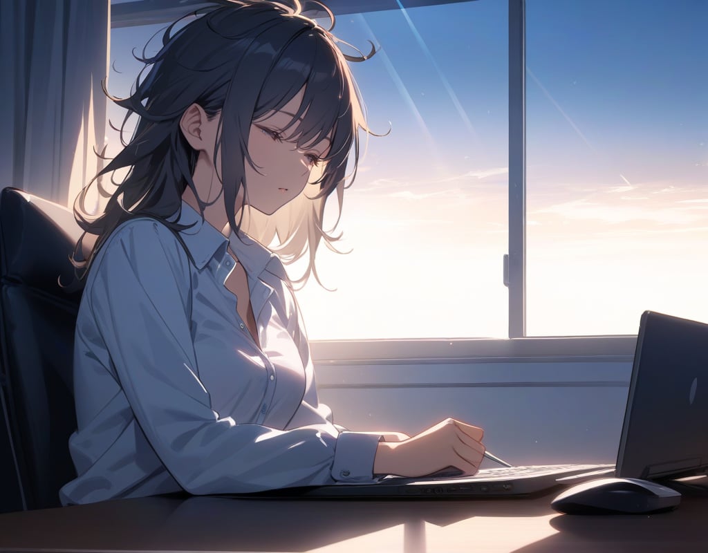 (masterpiece, top quality), high definition, artistic composition, 1 woman, collared cutter shirt, stylish office, looking at computer on desk, sleepy, messy hair, morning, white light shining through, window seat, all night, expressionless, striking light, dramatic