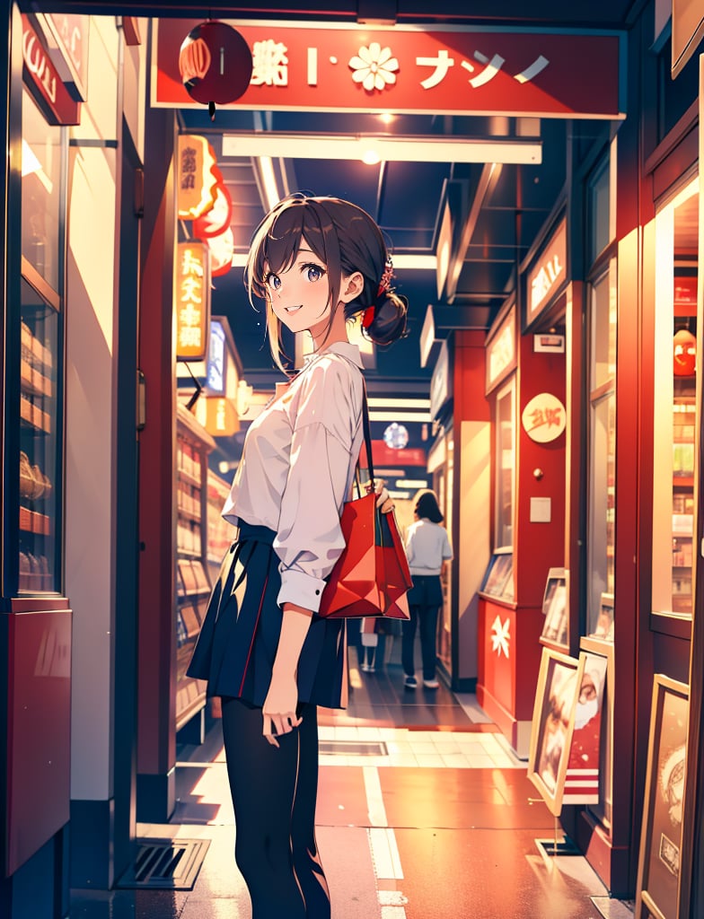 (masterpiece, top quality), high definition, artistic composition, 1 girl, Japanese shopping street, arcade, from side, smiling, standing in front of store, pointing, dramatic, jersey, portrait, shopping, looking away, stooping