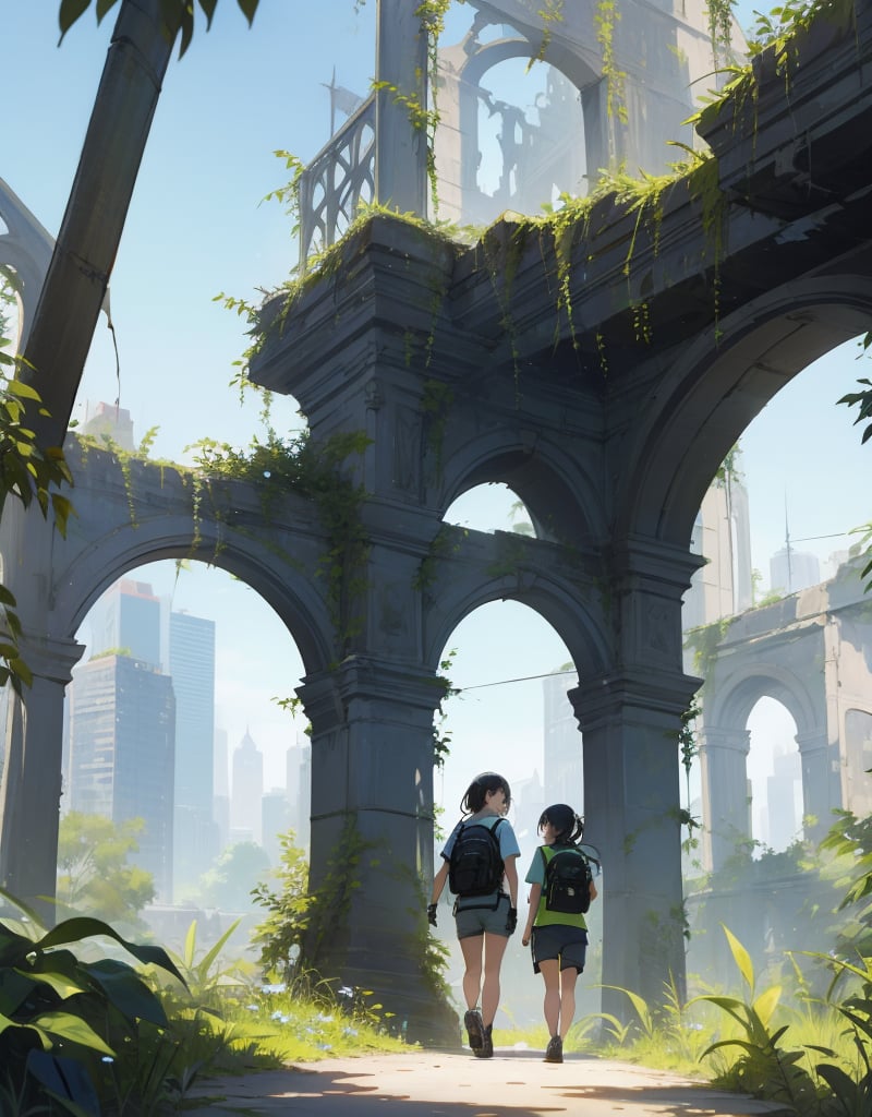 (masterpiece, top quality), high definition, artistic composition, 2 girls, walking, strolling, t-shirt, shorts, trekking shoes, backpack, smiling, looking away, talking, smiling, ruins, building area, crumbling and decaying structure, lots of plants, ivy covered, Blue sky, bold composition, looking back, summer, New York, big gesture, excited, from front