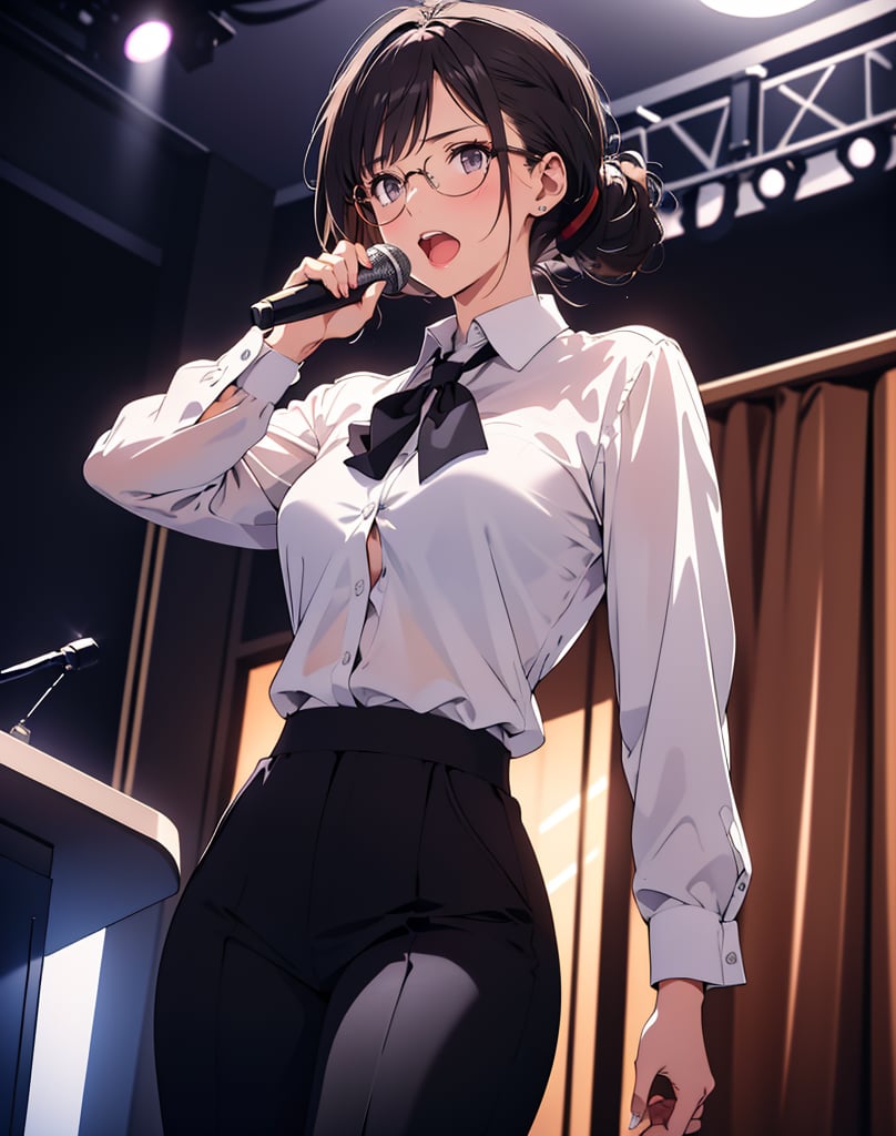 (masterpiece, top quality), high definition, artistic composition, 1 woman, dark hair, hair tied back, glasses, shouting, speaking on podium, microphone and microphone stand, illuminated light, striking light, dramatic, white shirt, black tie, black pants, from below, bold composition, powerful, lectern