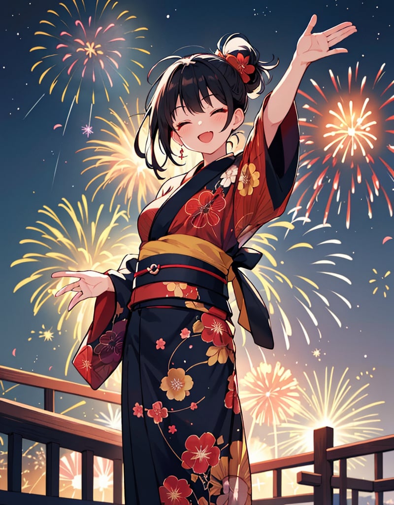 (masterpiece, top quality), high definition, artistic composition, 1 woman, black with red flowers yukata, hair tied up, black hair, right arm up waving, eyes closed, mouth open laughing, crowd behind, beautiful big fireworks in background, night, summer, dramatic, from front, cowboy Shot, standing tall.