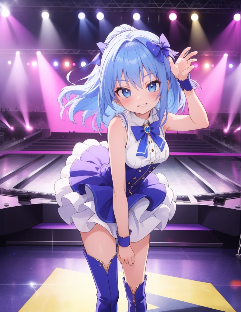  (masterpiece, top quality), high definition, artistic composition, 1 girl, pink 1980s idol fashion, anime, big bow tie with brooch, white two-socks, gravure pose, stage, backlight, light reflecting off floor, smirk, knee-high boots, sleeveless, blue hair