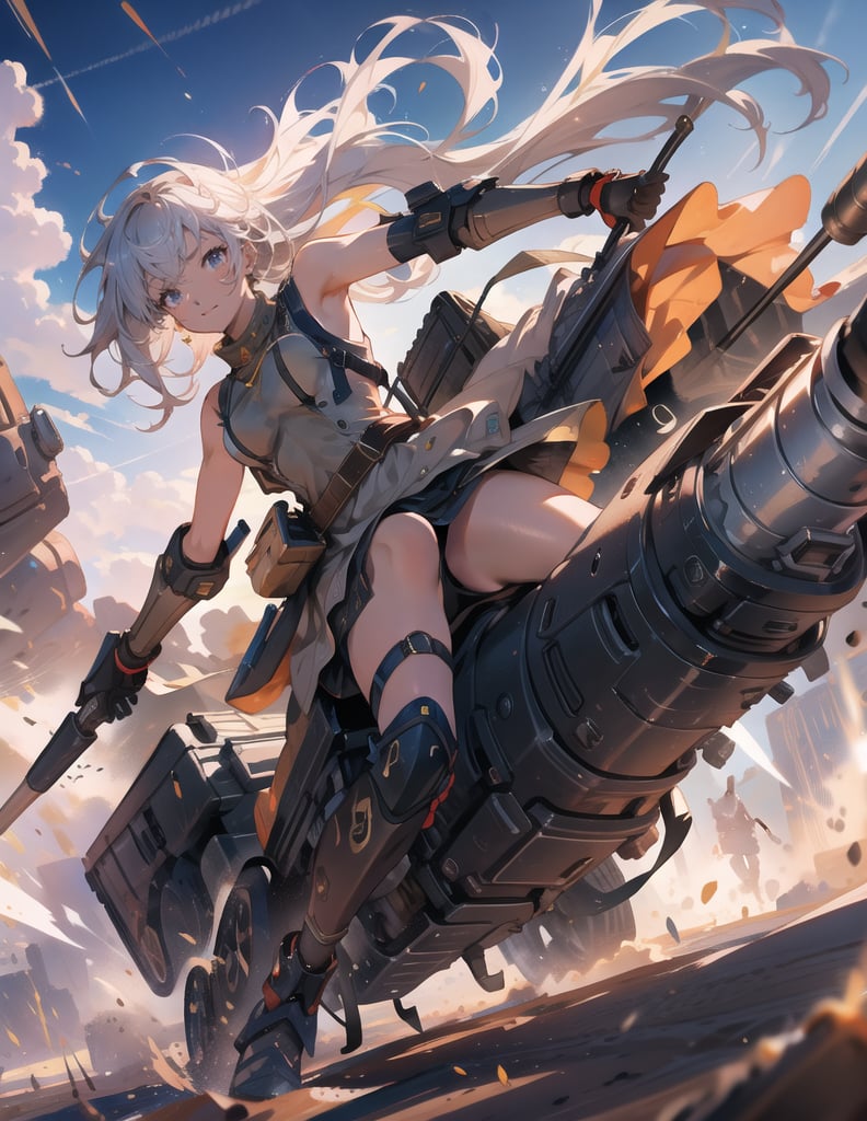 Masterpiece, Top Quality, High Definition, Artistic Composition,1 girl, girl on tank with arms and legs, battle dress, realistic weapon, desert, galloping, composition from above, Dutch angle, dust cloud